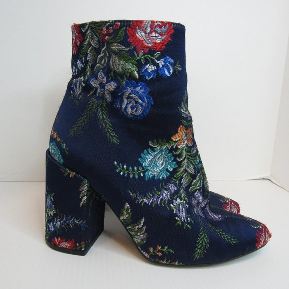 Zara Shoes - Zara Navy Blue Embroidered Floral Fabric Side Zip Ankle Booties Heels Wo…